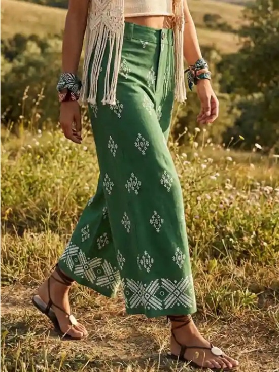 Haute Hippie Pants - Haute Hippie Green Linen Blend Embroidered Wide Leg Pants | Size 2 | Like New!
